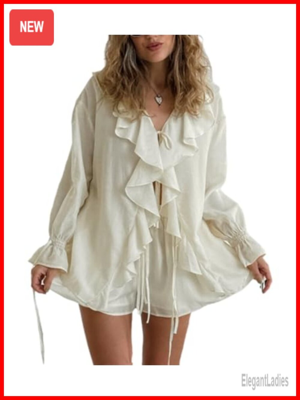 Women's 2 Piece Chiffon Ruffle Top & Shorts Set Long Sleeve V-Neck Casual